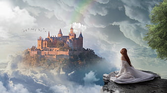 Fantasy Woman Sitting On Cliff Gazing At Floating Castle In Clouds