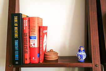 Business Books on Wooden Shelf with Decor