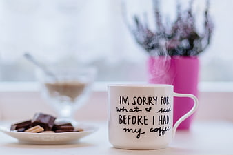 White coffee mug with funny apology text and chocolate