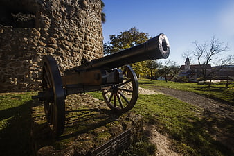 Historic cannon on stone pedestal in castle courtyard