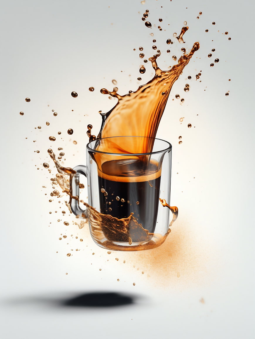 Dynamic Coffee Splash in Glass Mug on White Background