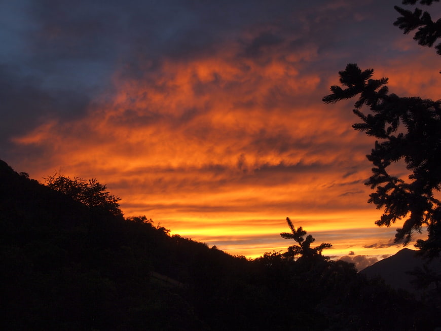 Dramatic orange sunset sky with silhouetted pine trees and mountains