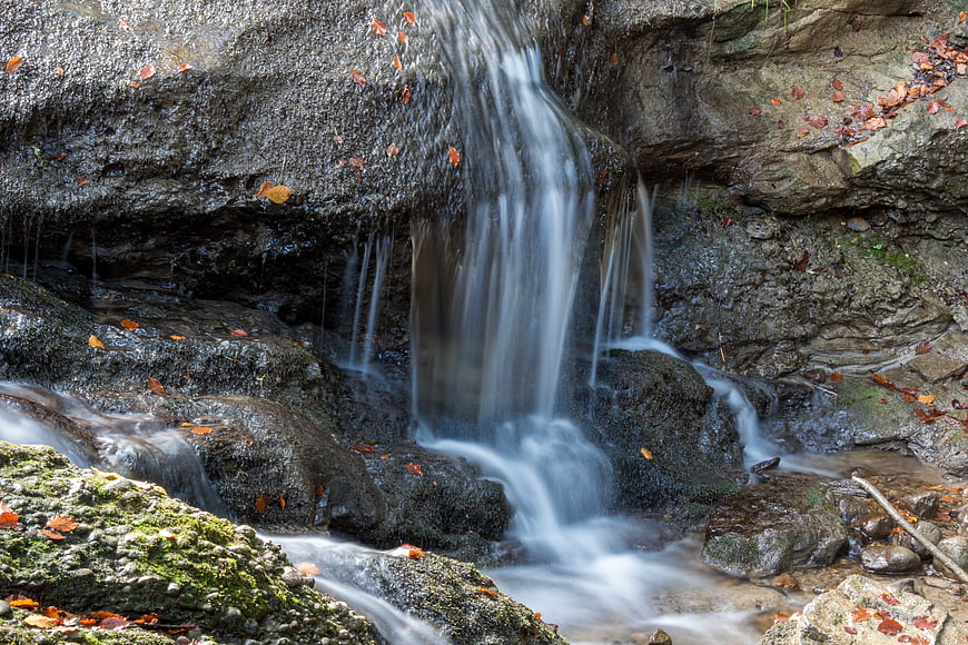Serene Autumn Waterfall with Long Exposure Flowing Water