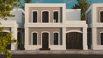 Modern beige and white two-story house exterior with garage