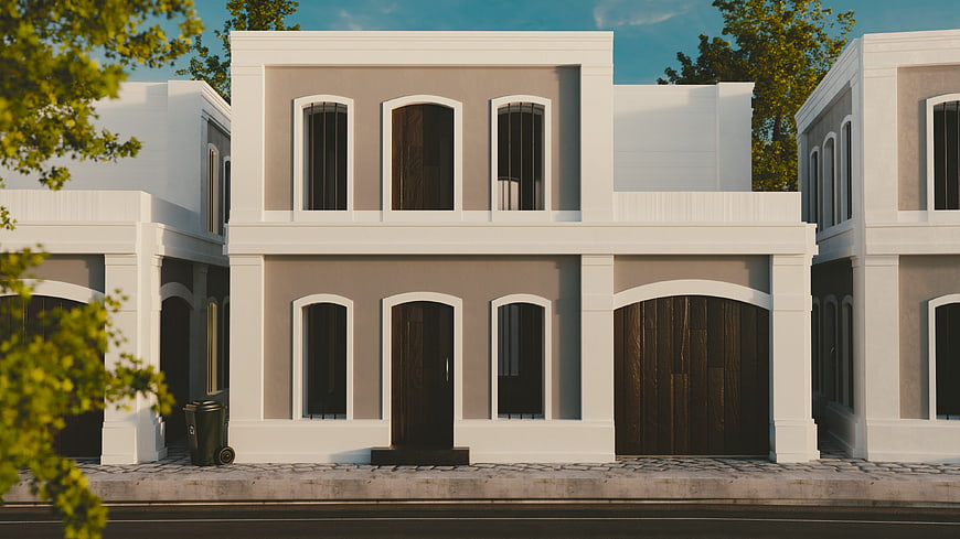 Modern beige and white two-story house exterior with garage