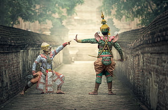 Traditional Thai Khon Masked Dance Performance in Ancient Ruins