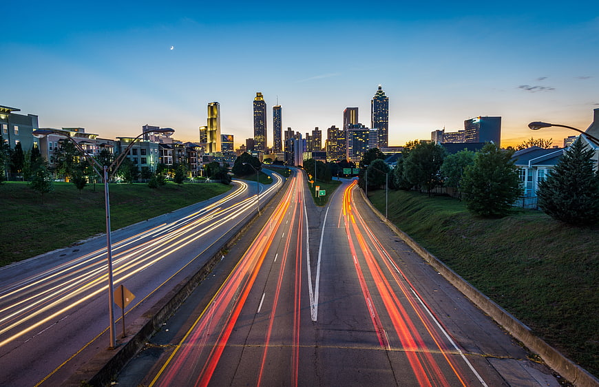 Long Exposure City Skyline at Dusk with Light Trails
