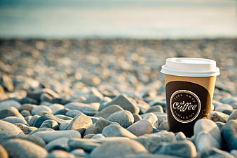 Coffee Cup on Pebble Beach at Sunrise