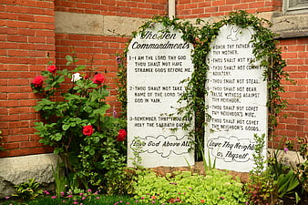 Stone Tablets of Ten Commandments in Garden