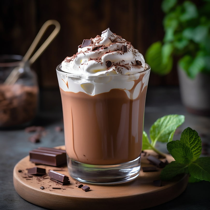 Rich Hot Chocolate with Whipped Cream and Mint Garnish