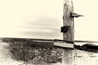 Sepia wooden signpost pointing to Spain on a rocky coast