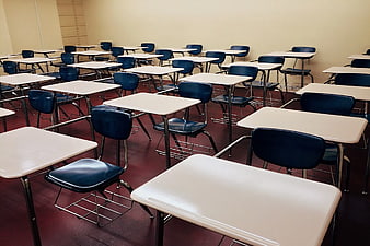 Empty Classroom with Rows of Desks and Chairs