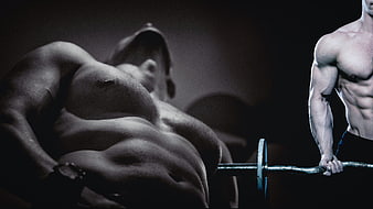 Dramatic Black and White Bodybuilder Lifting Barbell in Gym