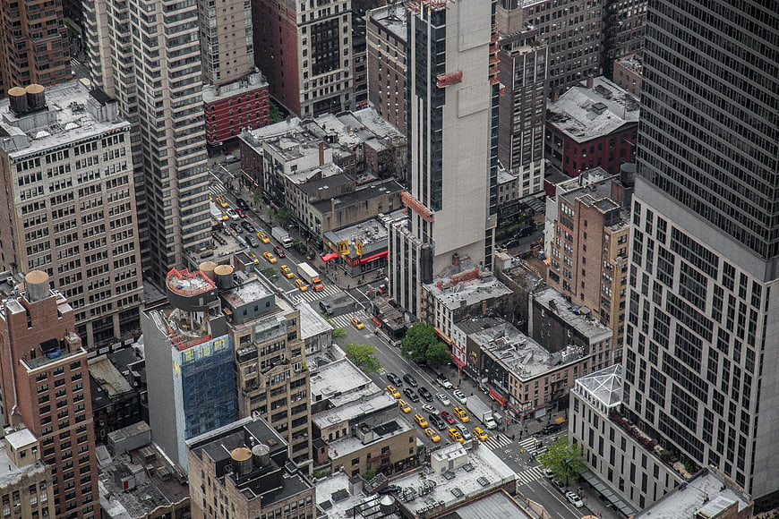 Aerial View of Busy New York City Street with Yellow Taxis