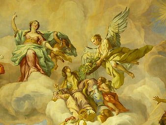 Baroque Ceiling Fresco Depicting Allegorical Figures and Angel in Clouds