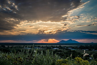 Dramatic sunset over mountains with sunbeams and wildflower foreground