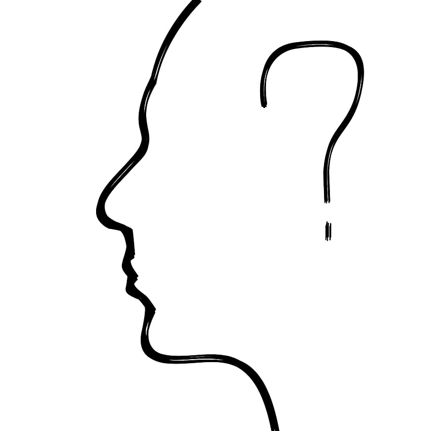 Minimalist black line drawing of human profile with question mark