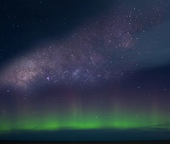 Green Aurora Borealis and Milky Way Starry Night Sky