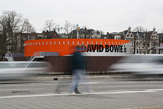 David Bowie Museum in Amsterdam with motion blur traffic