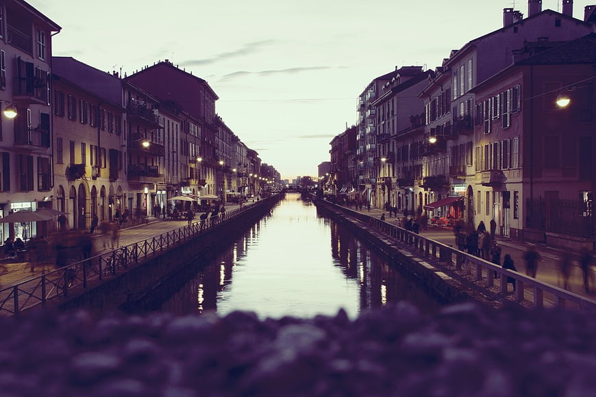 Evening Canal View in European Town with Street Lights