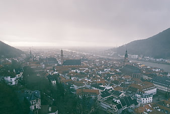Aerial View of Tübingen Cityscape on Foggy Overcast Day