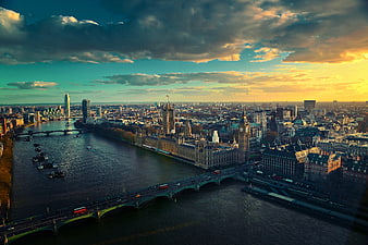 Aerial View of London Skyline with Big Ben and River Thames at Sunset