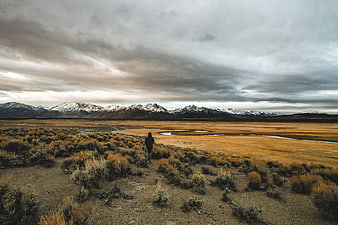 Lone Hiker Walking Through Vast Mountain Valley Landscape