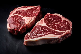 Two raw ribeye steaks on black slate background