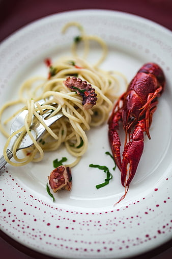 Gourmet seafood pasta with crayfish and octopus on white plate