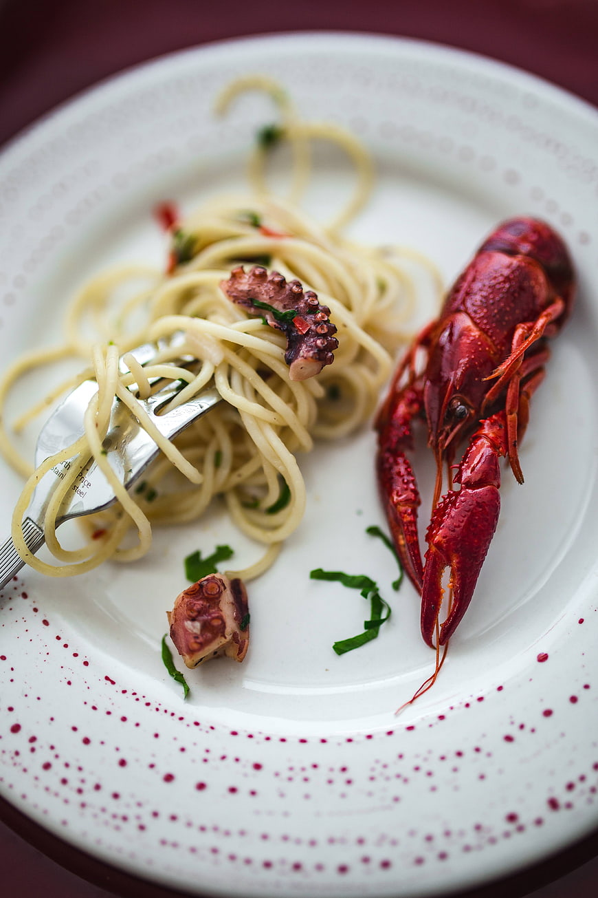 Gourmet seafood pasta with crayfish and octopus on white plate