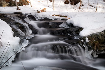 Winter stream flowing over rocks with snow and ice