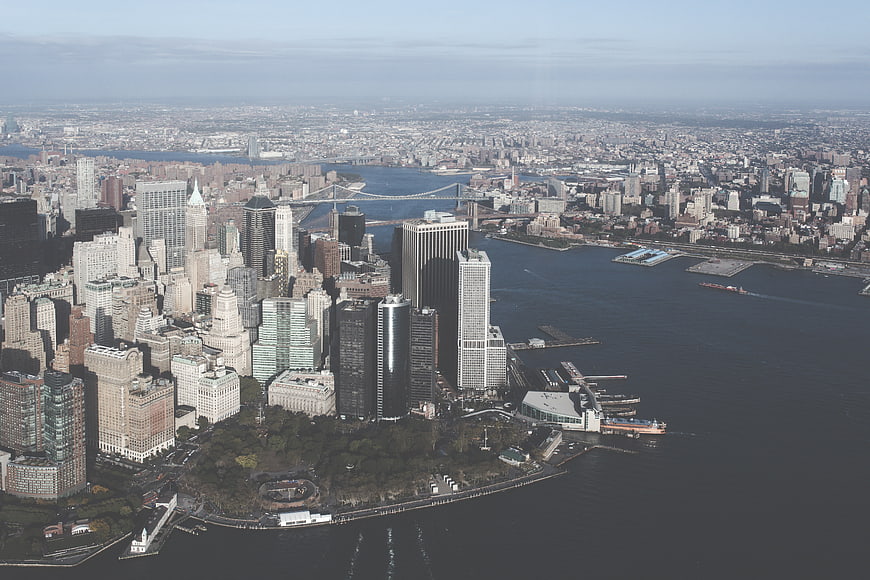 Aerial View of Lower Manhattan Skyline and East River