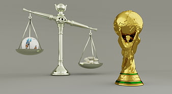 Conceptual 3D render of FIFA World Cup trophy and scales of justice