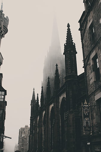 Gothic Cathedral Spire in Thick Foggy Mist