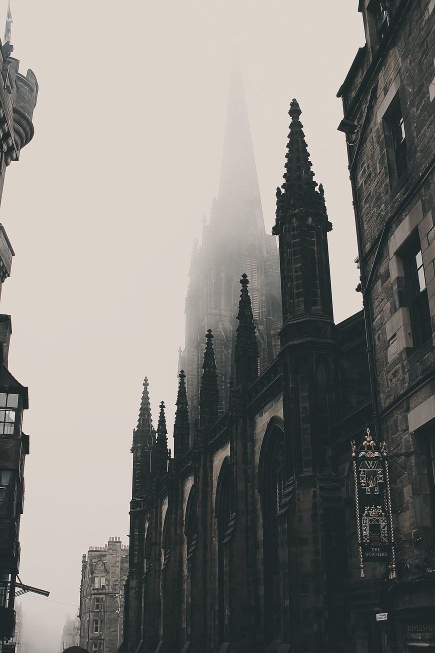 Gothic Cathedral Spire in Thick Foggy Mist