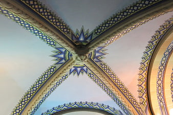 Ornate church ceiling with blue and gold geometric patterns