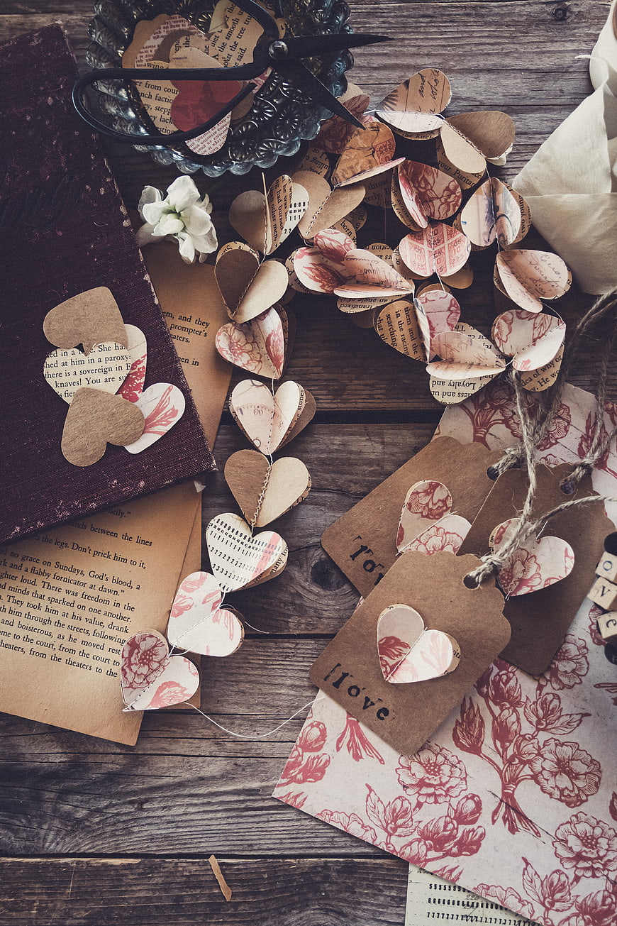 Rustic Valentine's Day Paper Heart Crafts Flat Lay