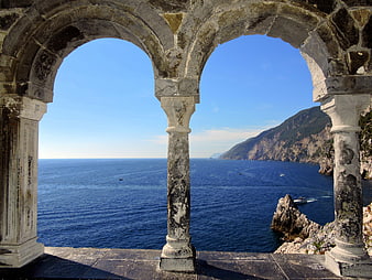 Coastal View Through Stone Arches in Portovenere, Italy