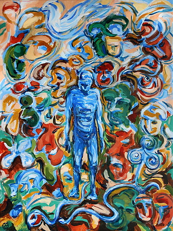 Abstract blue figure surrounded by swirling colorful faces