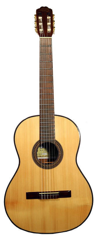 Full length classic acoustic guitar on white background