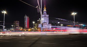 Warsaw Cityscape Night Traffic Light Trails