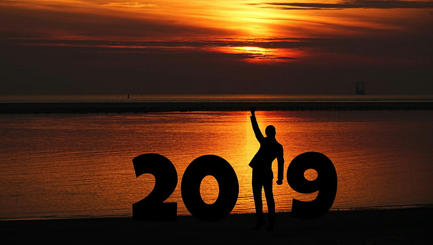Silhouette of Businessman with 2019 Sign at Sunset