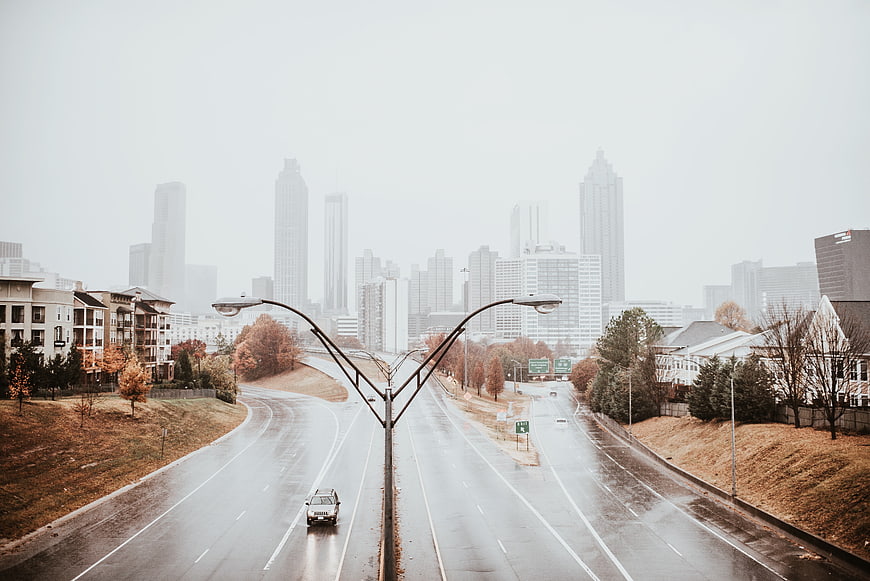 Foggy Atlanta Skyline View from Overpass on Rainy Day