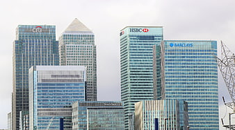 Canary Wharf London Skyline with Bank Logos