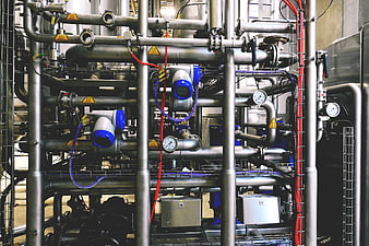 Complex Industrial Pipe System with Valves and Gauges