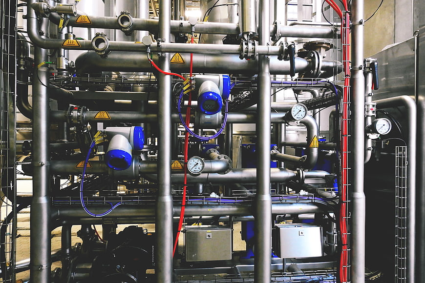 Complex Industrial Pipe System with Valves and Gauges