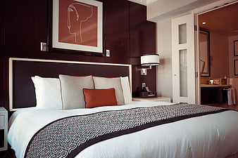 Modern Hotel Bedroom with Dark Accent Wall and Art