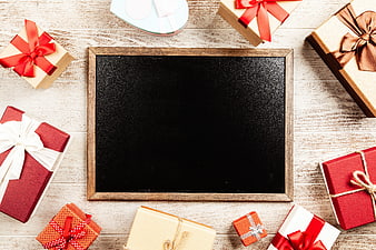 Christmas Gift Boxes Flat Lay With Blackboard Copyspace