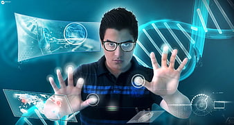 Young man interacting with futuristic holographic technology interface