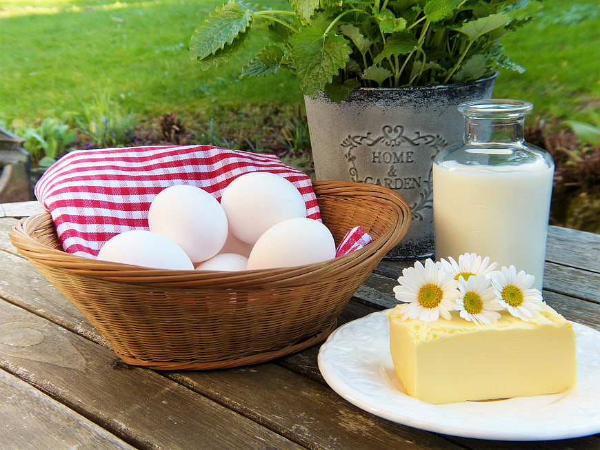 Fresh Farm Ingredients: Eggs, Milk, Butter, and Herbs Outdoors